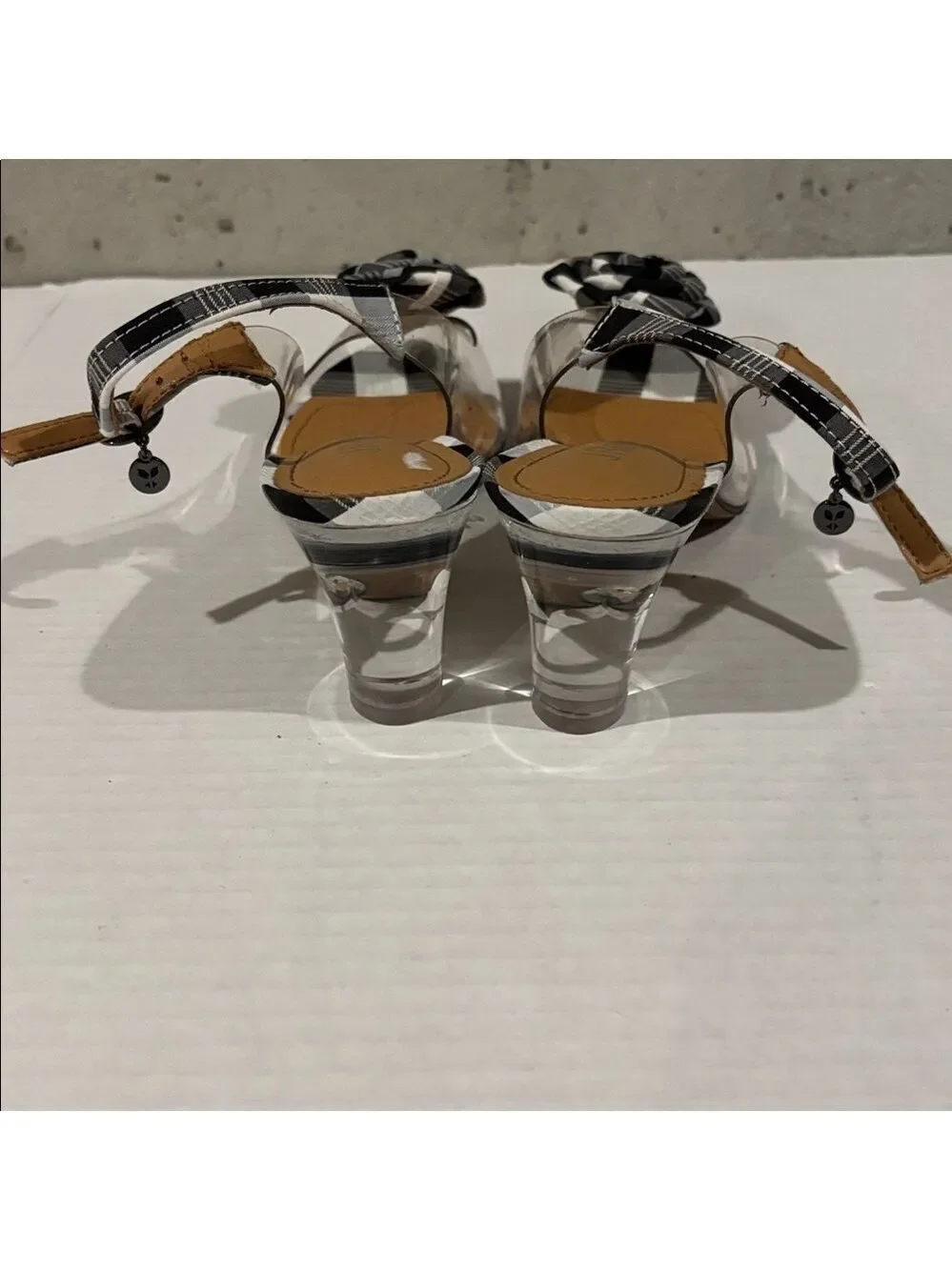 J.Renee Black & White Checkered and Lucite Dailona Heels w/ Floral Bow - Sz 7